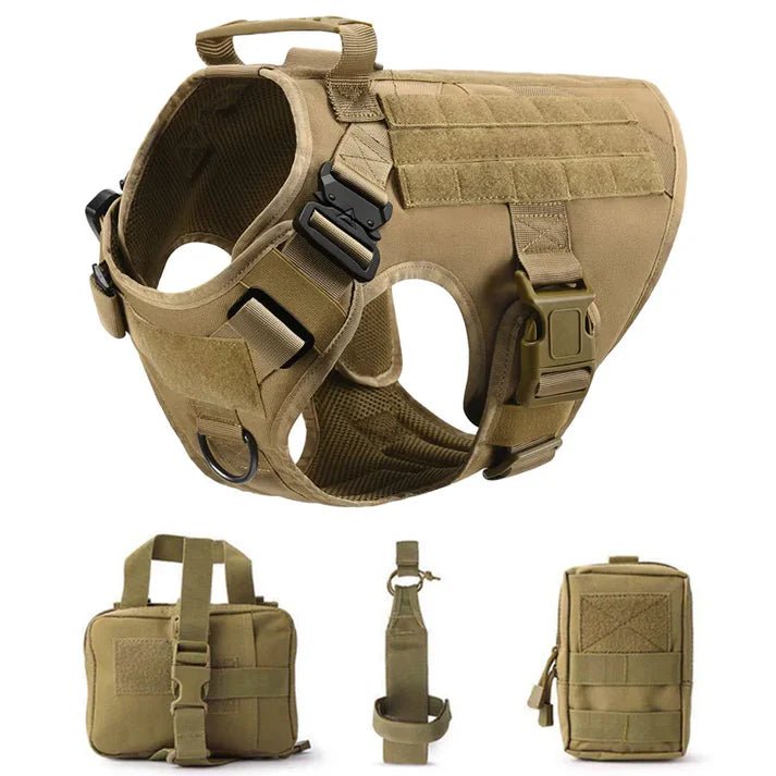 Tactical dog harness vest set with leash, storage bags, and durable buckles for outdoor adventures and training.