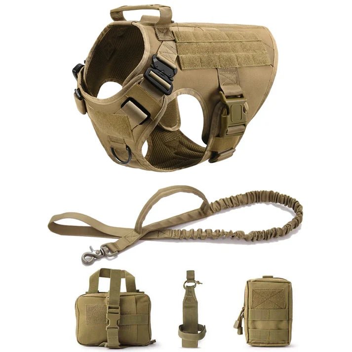 Tactical dog harness vest set with leash, storage bags, and durable buckles for outdoor adventures and training.