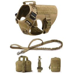 Tactical dog harness vest set with leash, storage bags, and durable buckles for outdoor adventures and training.