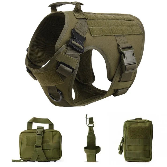 Tactical dog harness vest with storage pouches, designed for training, hiking, and outdoor adventures with your pet.