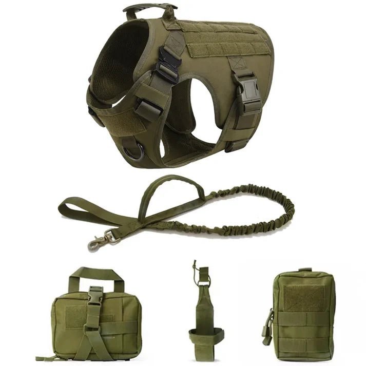 Tactical dog harness vest set with leash and storage pouches in army green, ideal for training and outdoor activities.