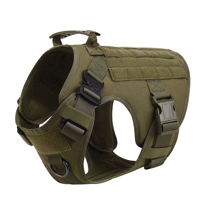 Tactical dog harness vest with durable buckles, adjustable straps, and sturdy D-ring for outdoor training and adventure.