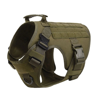 Tactical dog harness vest with durable buckles, adjustable straps, and sturdy D-ring for outdoor training and adventure.