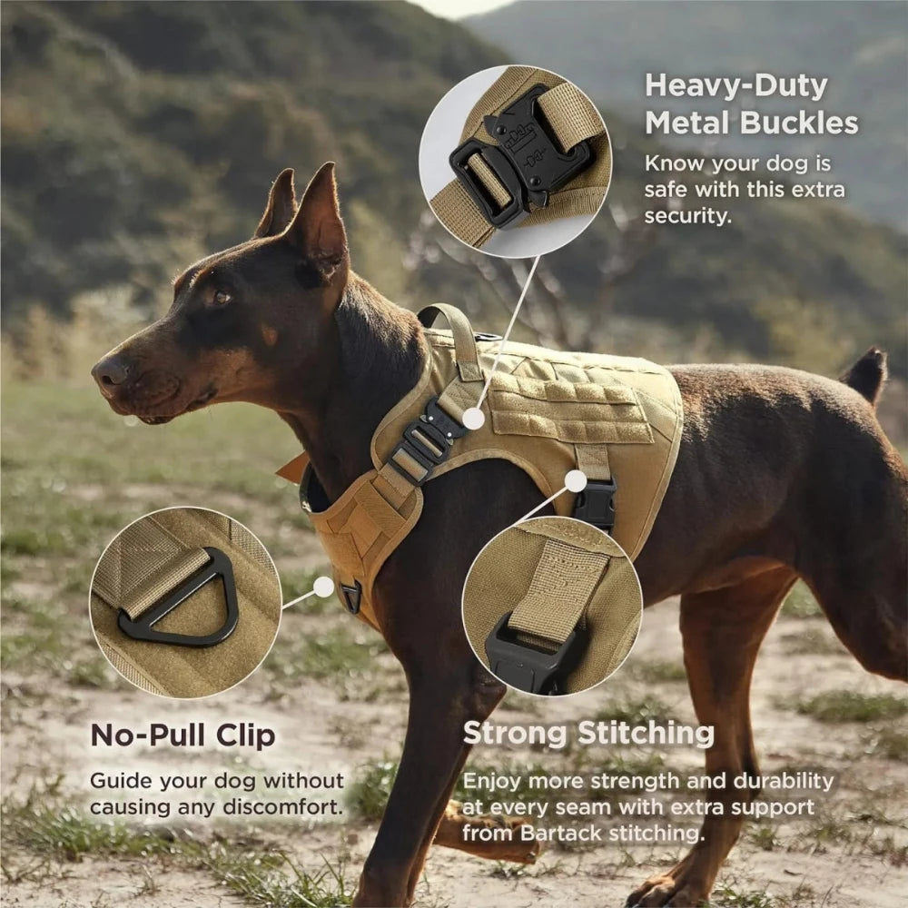 Tactical dog harness with heavy-duty buckles, no-pull clip, and strong stitching for secure support.