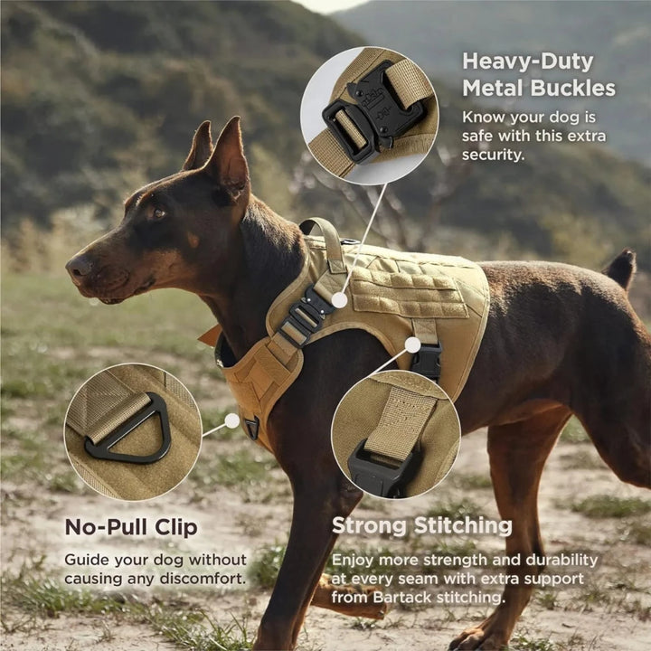 Tactical dog harness with heavy-duty buckles, no-pull clip, and strong stitching for secure support.