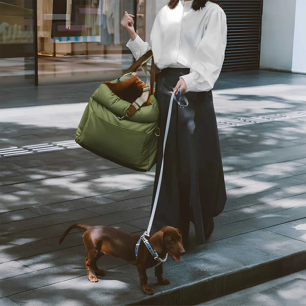 woman carrying a dog booster bed for car with dachshund on leash