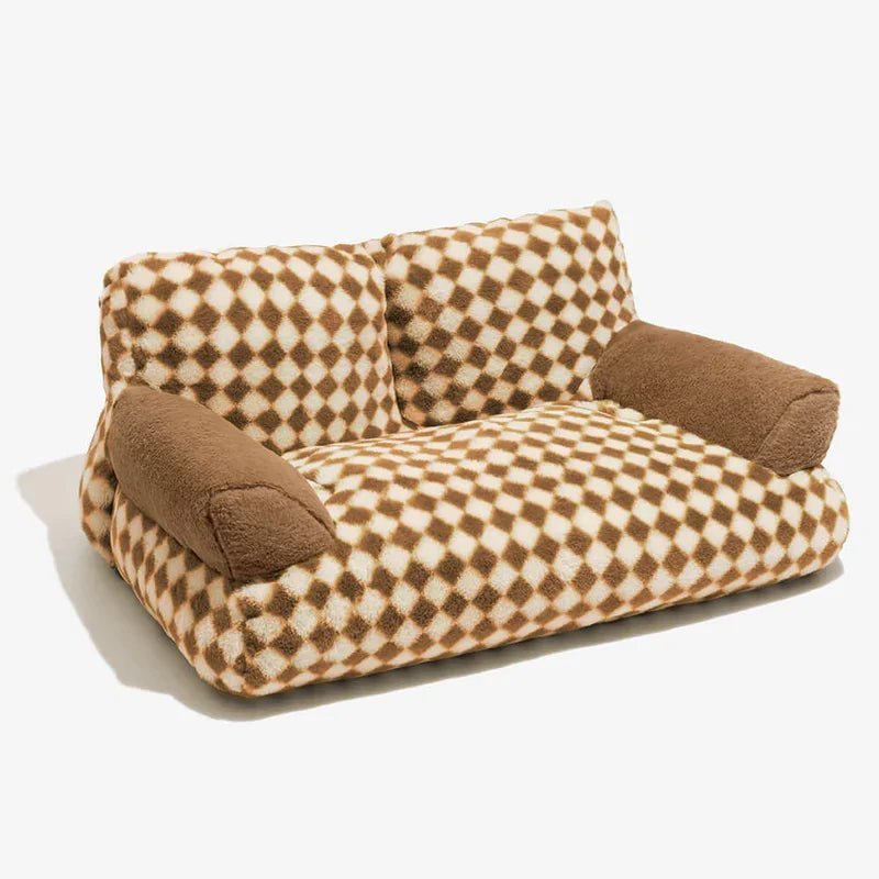 Cozy vintage-style brown checkered pet sofa bed for dogs and cats, offering plush comfort and stylish home decor.