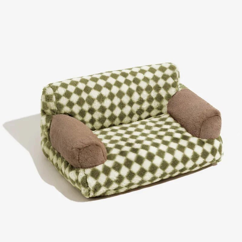 Cozy vintage-inspired dog and cat sofa bed with plush checkered design and comfortable cushioned armrests.