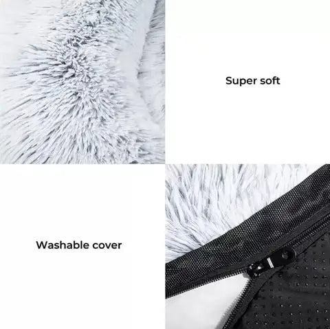 Close-up of super soft fabric and zipper on a couch dog bed with removable cover