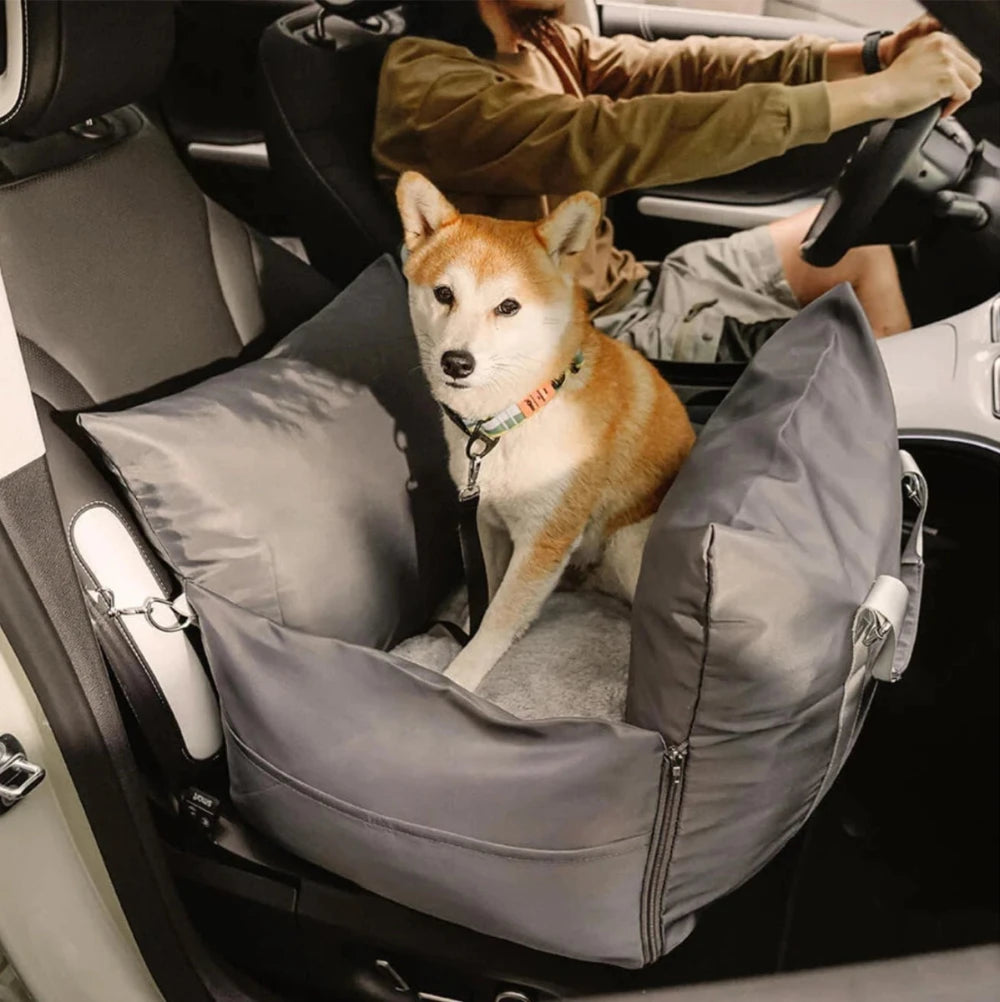 Dog sitting comfortably in a waterproof car seat bed with safety harness, ideal for pet travel and home use.