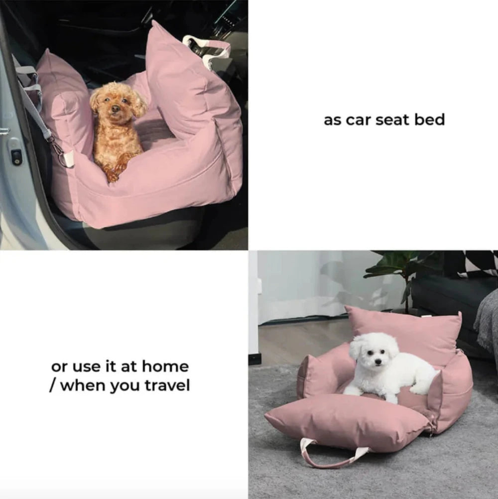 Waterproof dog car seat bed, perfect for car rides, home use, or travel, offering comfort and safety for small pets.