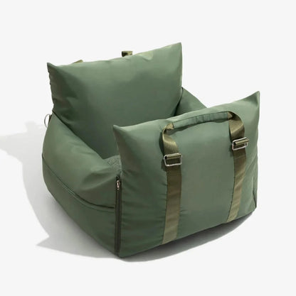 Olive green waterproof dog car seat with sturdy straps, ideal for secure and comfortable pet travel in vehicles.