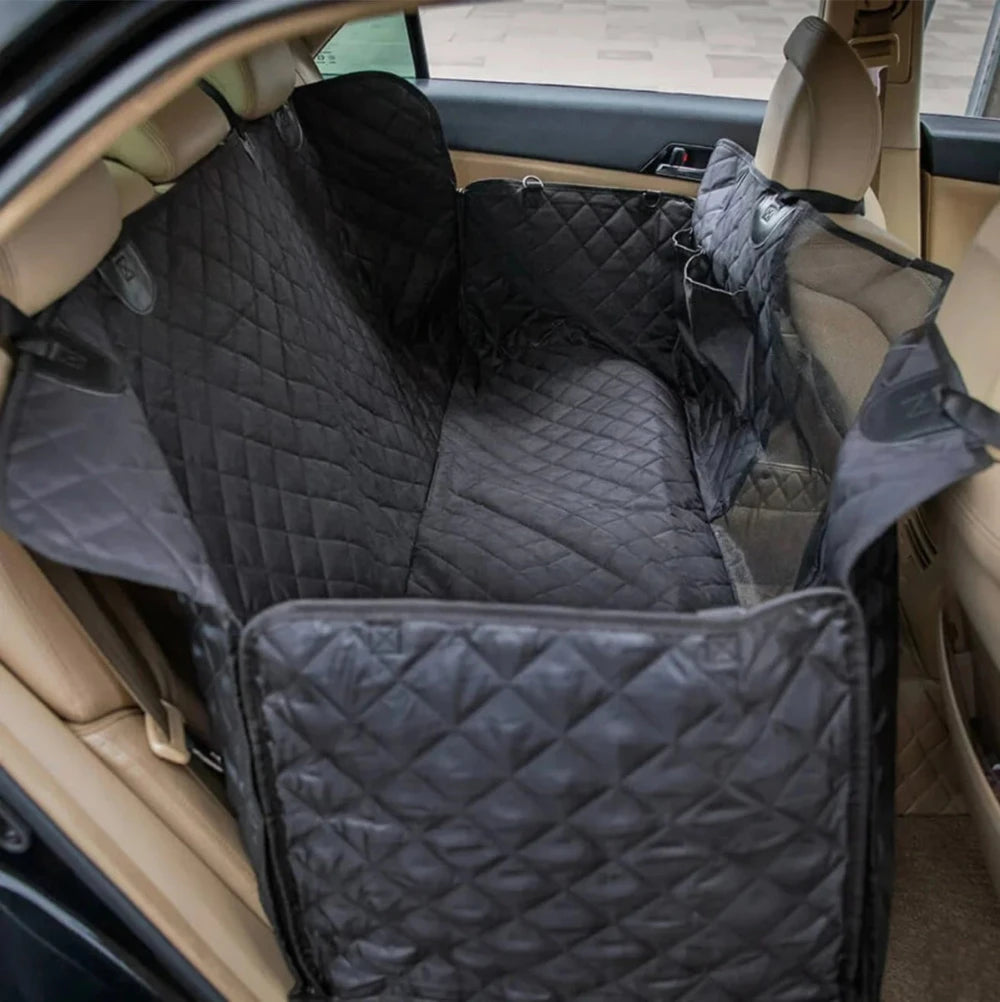 Black waterproof dog car seat cover providing full protection for your vehicle’s backseat, ideal for large or small pets.