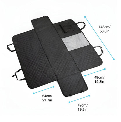 Dimensions of waterproof dog car seat cover, measuring 143cm x 54cm, with additional seat sections and protective layers.