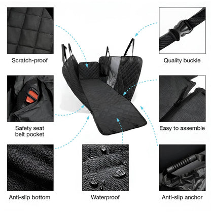 Waterproof dog car seat cover with safety belt pocket, anti-slip bottom, scratch-proof material, and easy assembly.