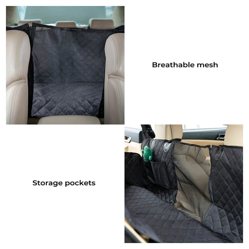 Waterproof dog car seat cover with breathable mesh and storage pockets, providing ventilation and easy access for travel.