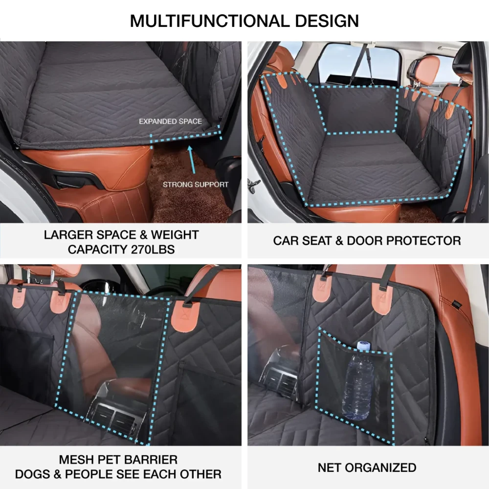 Multifunctional waterproof dog car seat cover with expanded space, 270 lbs capacity, door protection, and mesh pet barrier.