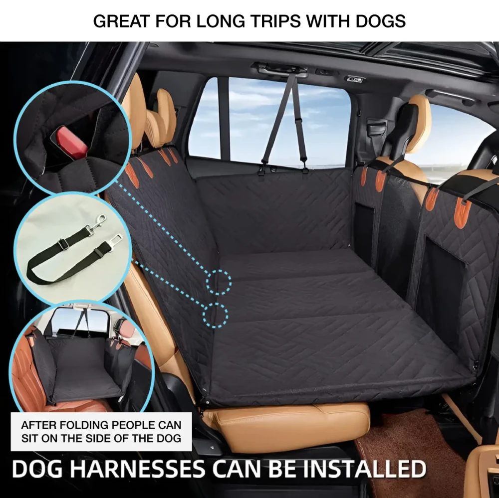 Durable waterproof dog car seat cover, ideal for long trips, includes harness attachment points and foldable for passenger seating.