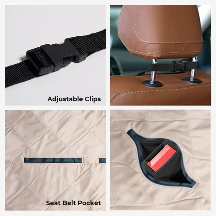 Waterproof dog car seat cover featuring adjustable clips, seat belt pocket, and secure attachment for safe pet travel.