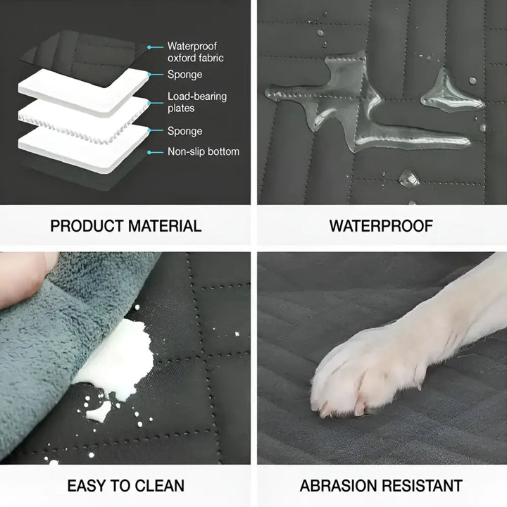 feature collage showing a waterproof dog cover for car with layered material, easy-clean surface and abrasion resistance