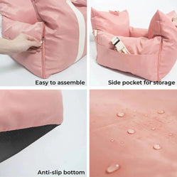 Detail views of pink seat with zipper pocket and waterproof fabric