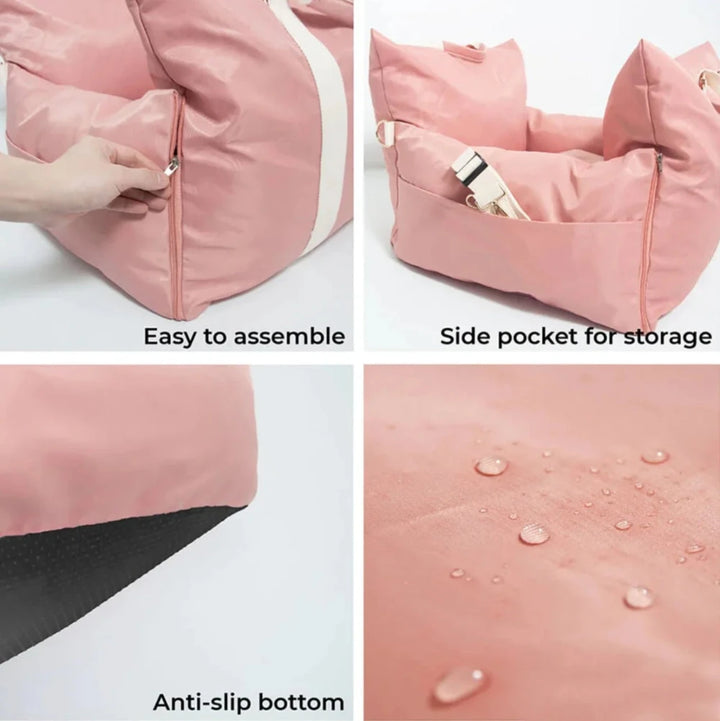 Detail views of pink seat with zipper pocket and waterproof fabric