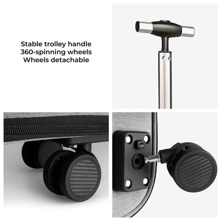 Trolley handle and detachable wheels shown on a cat travelling bag in studio