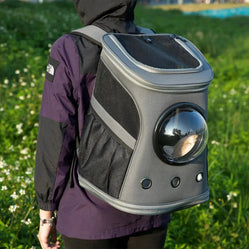 A person wears a cat backpack capsule outdoors with a cat visible through the bubble window