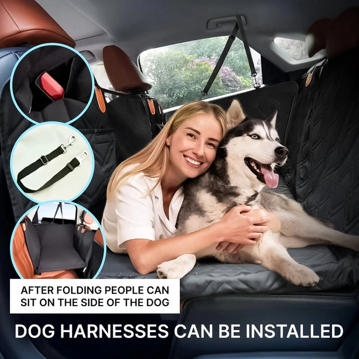Woman hugging a happy husky on a hard bottom dog car seat protector
